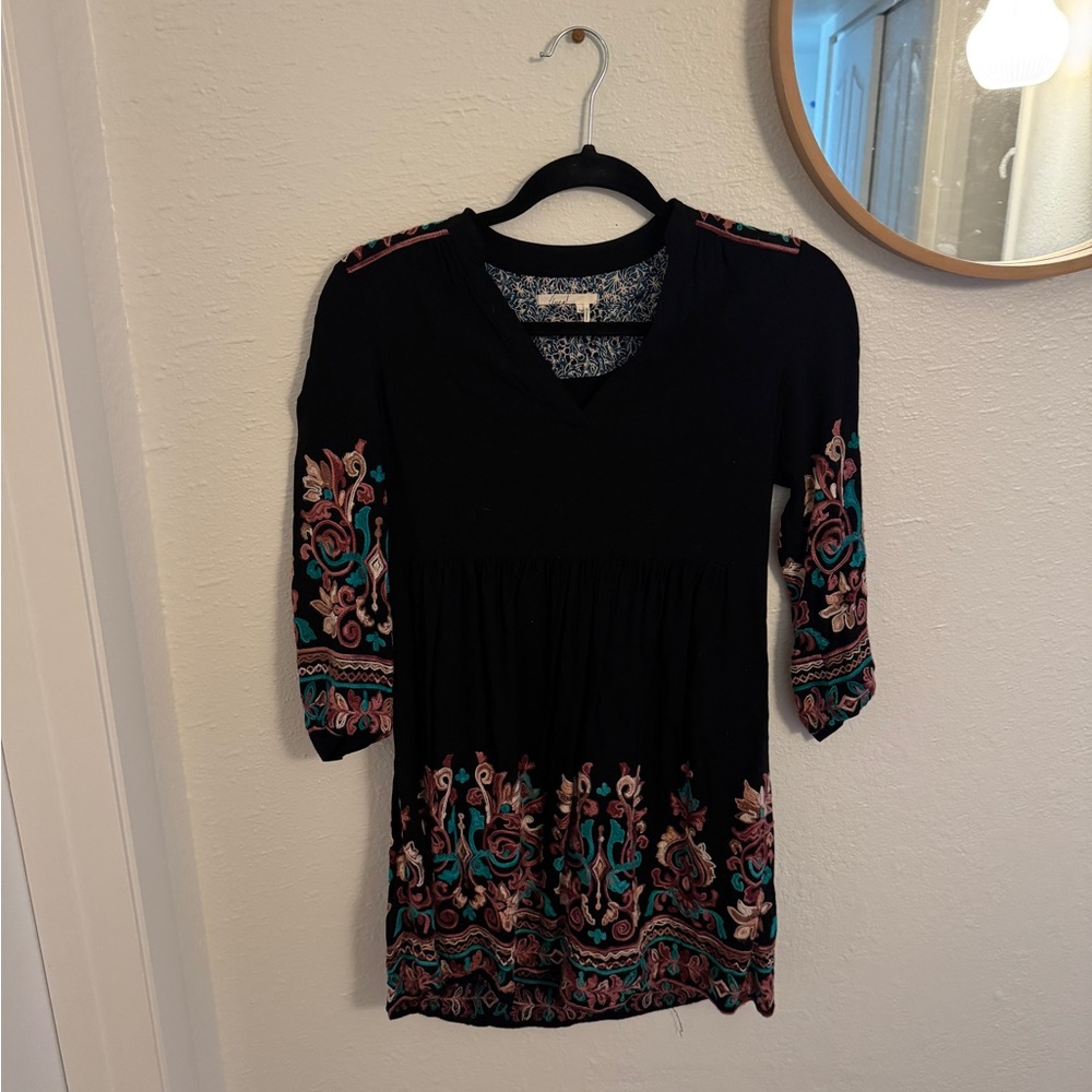 Anthropologie Black Dress with Pink and Teal Embroidery